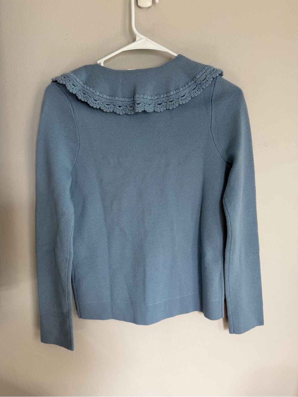 Sezane Bettany Cardigan Vintage Blue Merino Wool Lace Collar XS S23IJUP015E - Picture 7 of 8